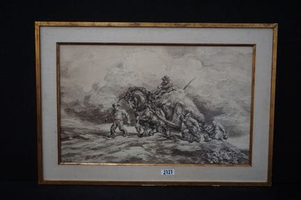水彩画——《乡村场景——马车与人物》——签名难以辨认——46 x 75 厘米