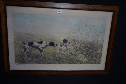 莱昂·丹尚（1887—1938）——《两只猎犬》——彩色铜版画——铅笔签名——47 × 86 厘米