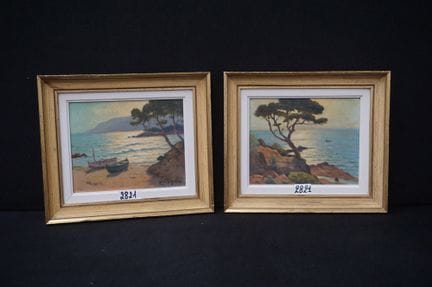 让·凯莱扬·拉丰（1886 - 1973）——《地中海沿岸风景》——2幅木板画——署名——法国画派—