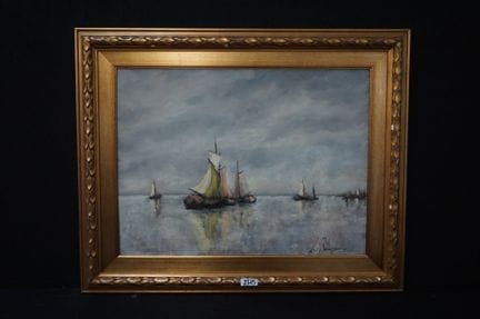 油画——《渔船海景》——布面油画——8处签名——60 x 80 厘米