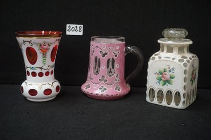 3 pieces of Bohemian glassware—with hand-painted d