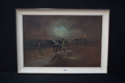 亨利·约瑟夫·帕乌埃尔斯（1903—1983）——《驾马车捕虾的渔民》——布面油画——署名——60 