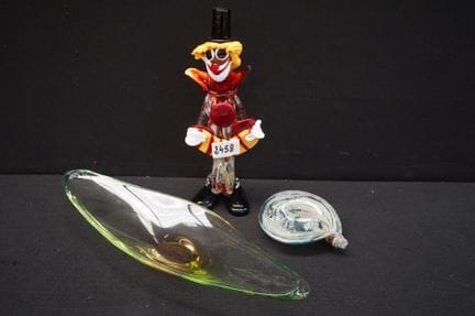 3 pieces of colored glassware—including: a clown (