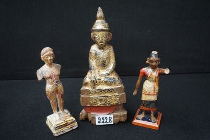 3 statue asiatiche antiche in legno policromo - co