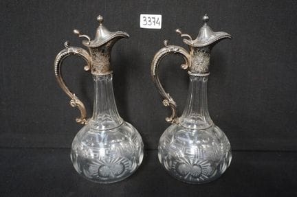 2 carafes with silver-plated bases—hand-cut—H: 28 