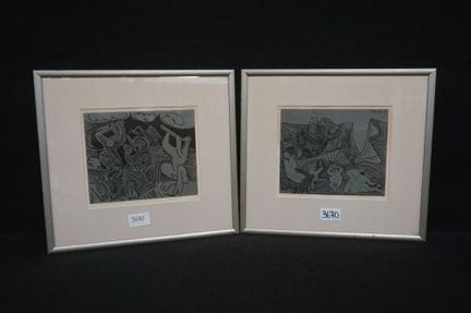 巴勃罗·毕加索（1881—1973）（仿作）——《舞者与音乐家》和《猫头鹰旁的酒神狂欢》——2幅亚麻