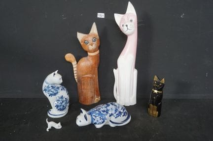 Assorted cats—made of porcelain, wood, etc.—Height