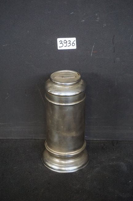 Cylindrical piggy bank made of nickel-plated metal