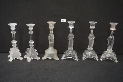 6 glass religious candlesticks—3 pairs—including: 