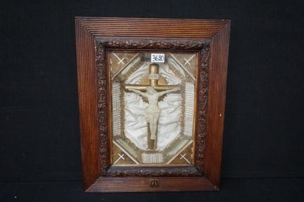 Antique religious diorama in a frame—features a fi