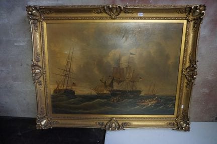 Large gilded frame with a reproduction on canvas -