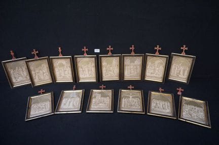 14幅宗教画框——带雕刻——“苦路”——全套——25 x 18 厘米