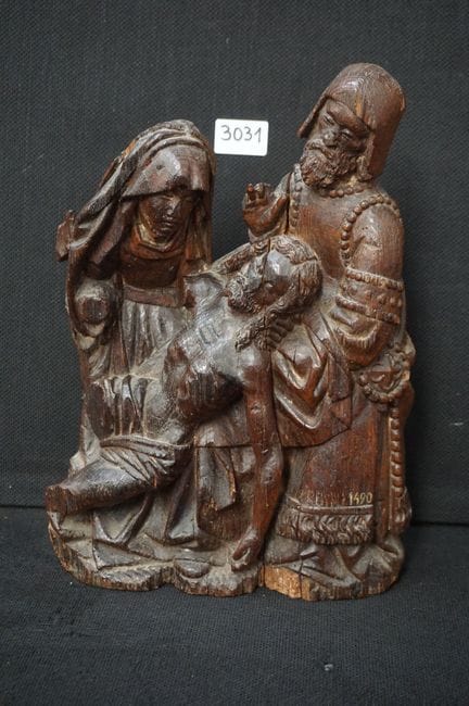 Rare ensemble religieux ancien en bois - « La mise
