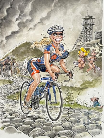 Malik / Dessin original illustrant une cycliste pl