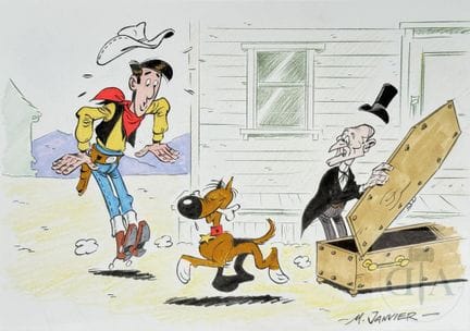 Janvier / Lucky Luke.  Dessin original d'un gag am
