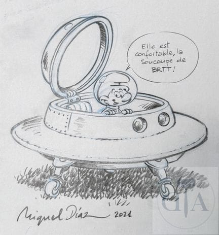 Diaz / Les Schtroumpf.  Dessin original signé et d