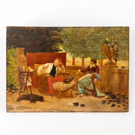 据路易·奥古斯特·卢斯托诺（1846-1898）作品《国际象棋》改绘，木板油画，署名J. Verne