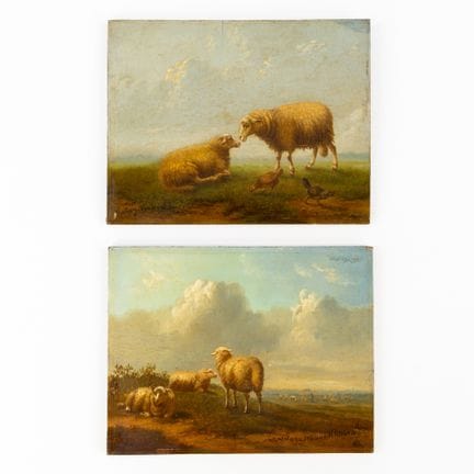 一幅描绘绵羊的小幅画作，署名尤金·弗尔博克霍芬（Eugene Verboeckhoven，1798/