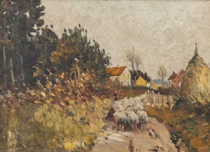 雷内·德·博尼（René de Baugnies，1869–1962）《秋日风景中前往村庄的羊群》，