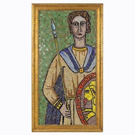 一幅描绘罗马或拜占庭士兵的装饰性马赛克肖像画，20世纪作品。



玻璃马赛克，镶嵌于镀金雕花木框中