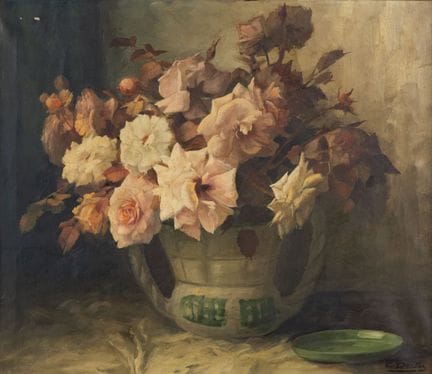 埃米尔·德沃斯（Emiel Devos，1886–1964）《含玫瑰的花束》，布面油画。



木板
