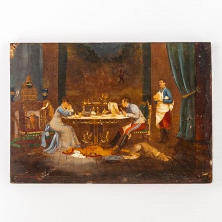 据路易·奥古斯特·卢斯托诺（1846–1898）作品《晨读》改绘，木板油画，署名 J. Vernet