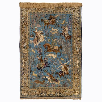 Tapis figuratif oriental tissé à la main représent