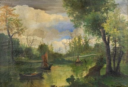 一幅描绘森林池塘中小船的油画，布面油画，由卢西恩·弗兰克签名。



布面油画。

右下角有签名。
