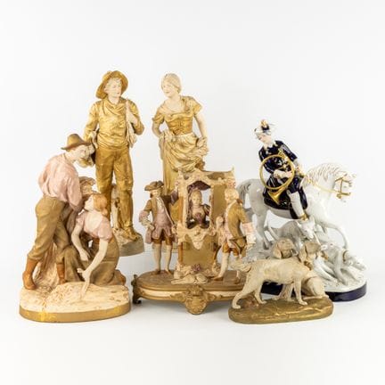 Royal Dux, sechs Figurengruppen: Jäger, Jagdhunde,
