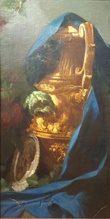 19世纪法国画派
饰有蓝色褶皱图案的金银工艺花瓶
原画布
高：139 厘米
宽：72 厘米
有瑕疵