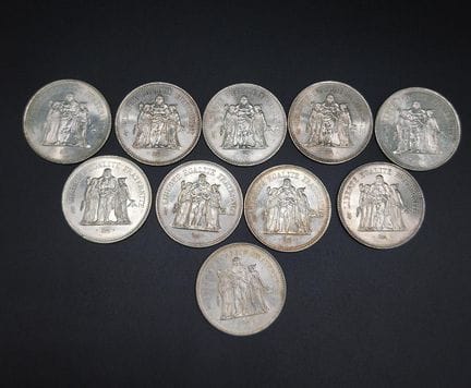 Lot de 10 pièces de 50 francs en argent type Hercu