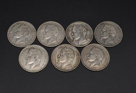 7 pièces de 5 francs en argent Napoléon III. 
Poid