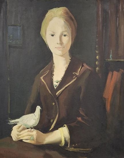 乔纳森·祖特（1928-1998）
《手持鸽子的女子肖像》
布面油画，左下角有签名
81 x 65 