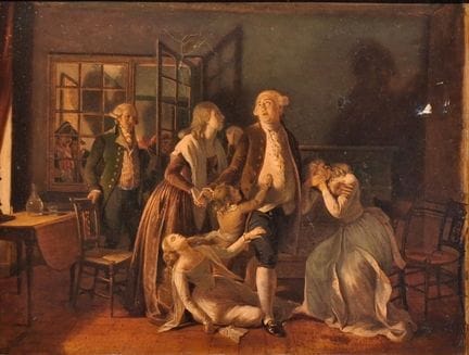 19世纪法国画派，皮埃尔·布伊永（Pierre BOUILLON）门下作品
路易十六与家人的分离
纸