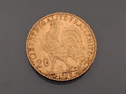 Pièce de 20 francs or type Coq, 1908. Poids: 6,4 g