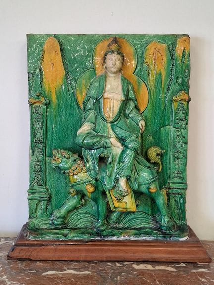 Grande piastra in gres smaltato verde e ocra, raff