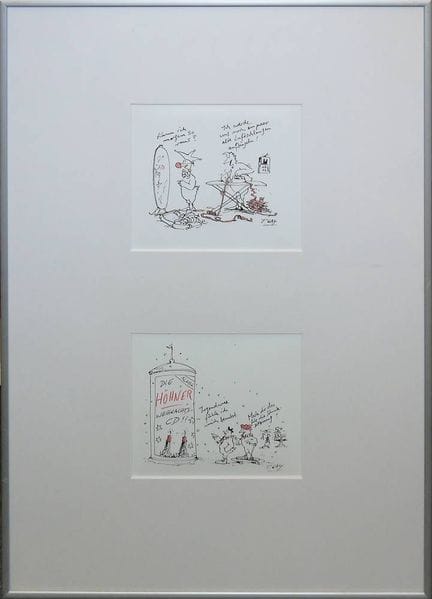 Peter Gayman, vignette con galline, 2 acquerelli e
