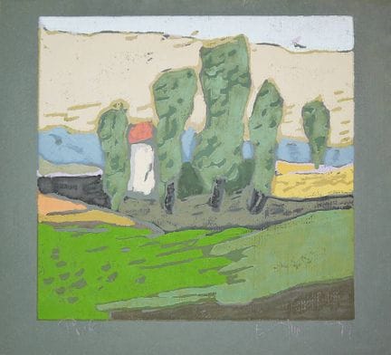 Klaus Fußmann, Paesaggio con casa, linoleografia a