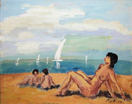 Eszter Mattioni, 3 Frauenakte am Strand, Ölgemälde