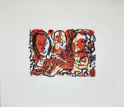 A.R. Penck, 3 personnages, rare gravure en couleur