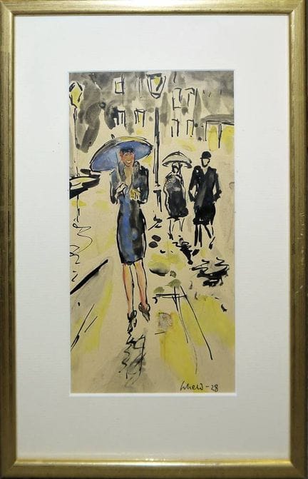 Karl Scheld, Jeune Parisienne au parapluie, aquare