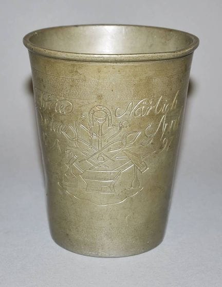 A farrier’s guild cup, dated 1797
Large pewter cup