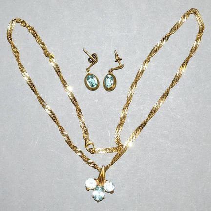 Pendant on chain and earrings with aquamarine, gol