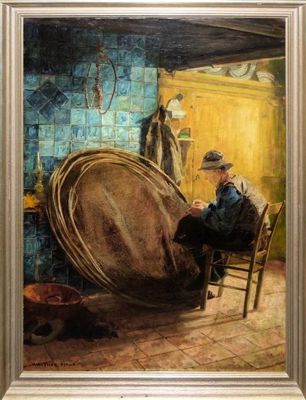 Walther Firle, Interior with a Man Repairing a Fis
