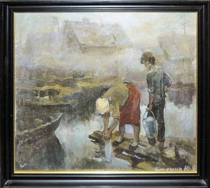 Russian painter Utkina, Doing the Laundry, oil pai