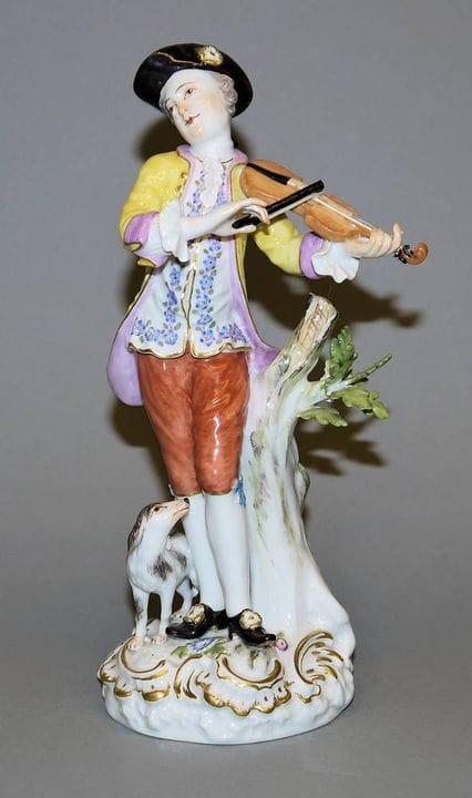 Violinista con perrito, figura de porcelana, Meiss