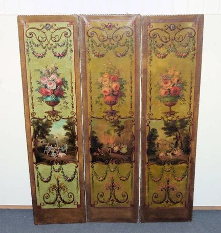 3 panels of a boudoir screen featuring roses and c