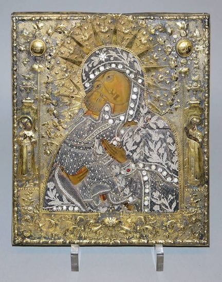 Icon of the Vladimir Mother of God with a beaded r
