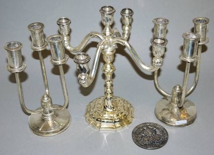 Pair of Art Deco three-armed candlesticks, Crown S