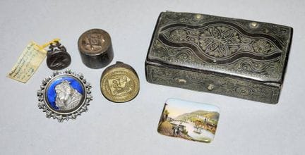 Three seals, miniature porcelain paintings, a broo